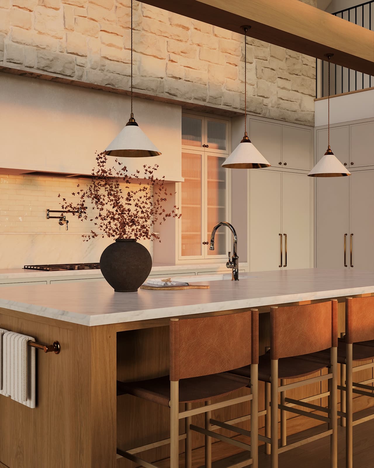 Sodobna svetla kuhinja z velikim lesenim otokom iz hrastovega lesa