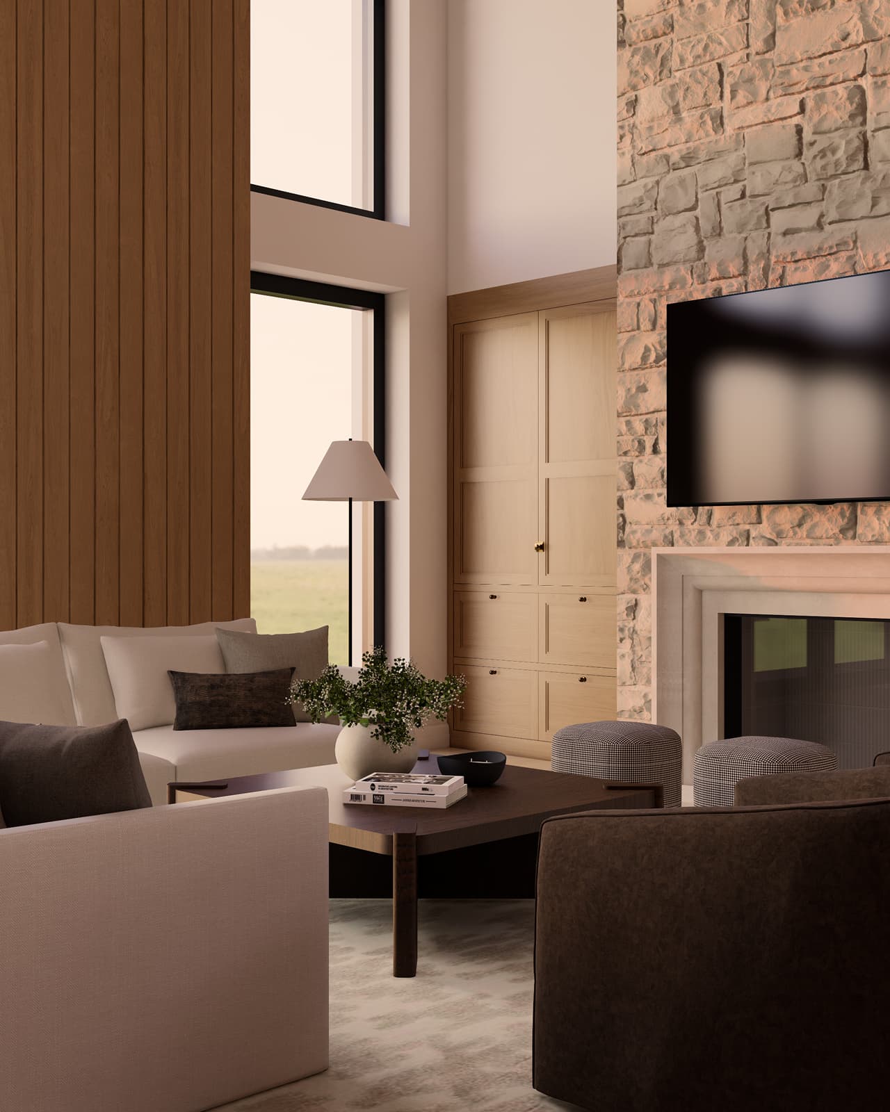 Dnevna soba v toplih nevtralnih odtenkih v sodobni novogradnji