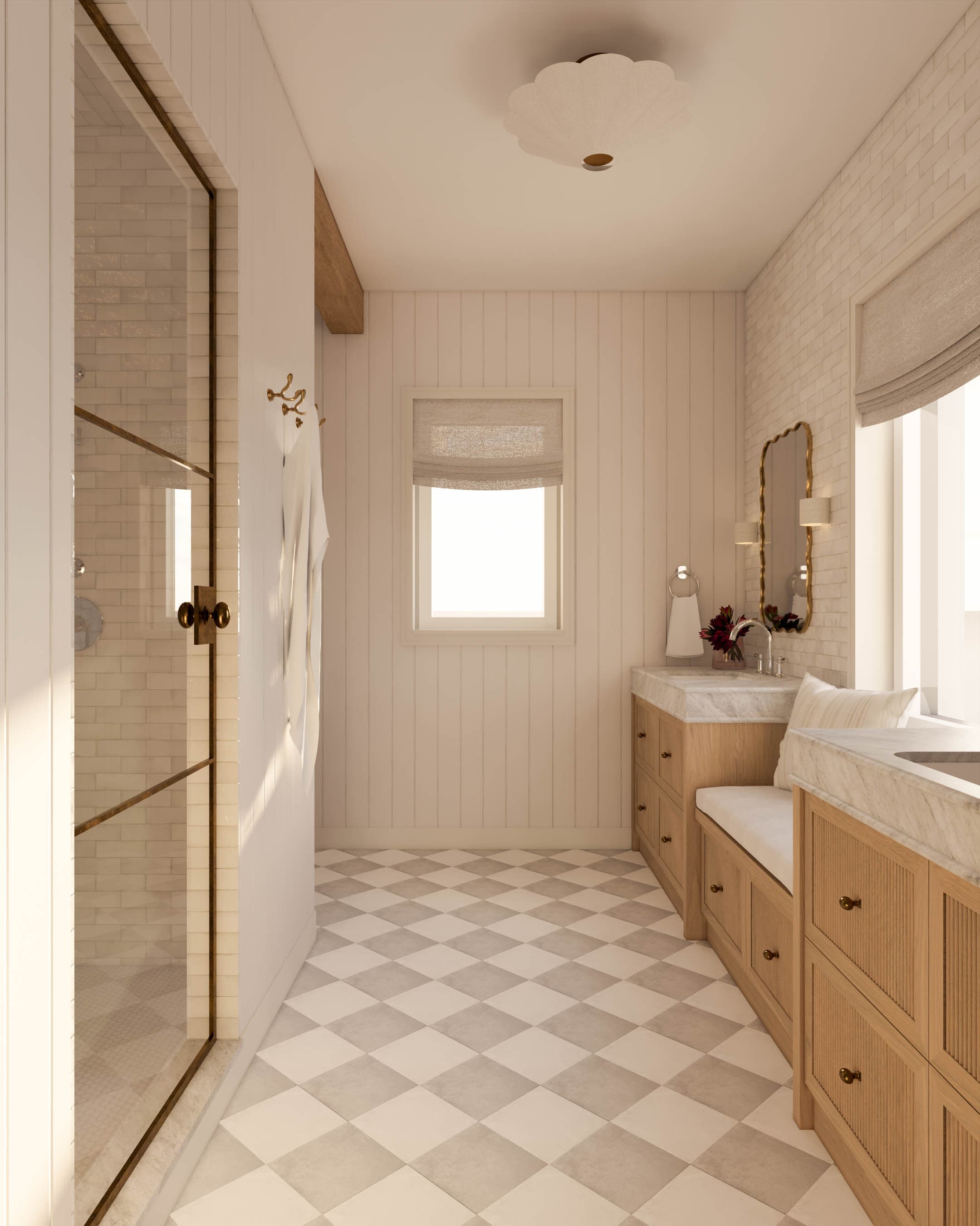 Notranje oblikovanje kopalnice v sodobnem stilu z lesenimi detajli