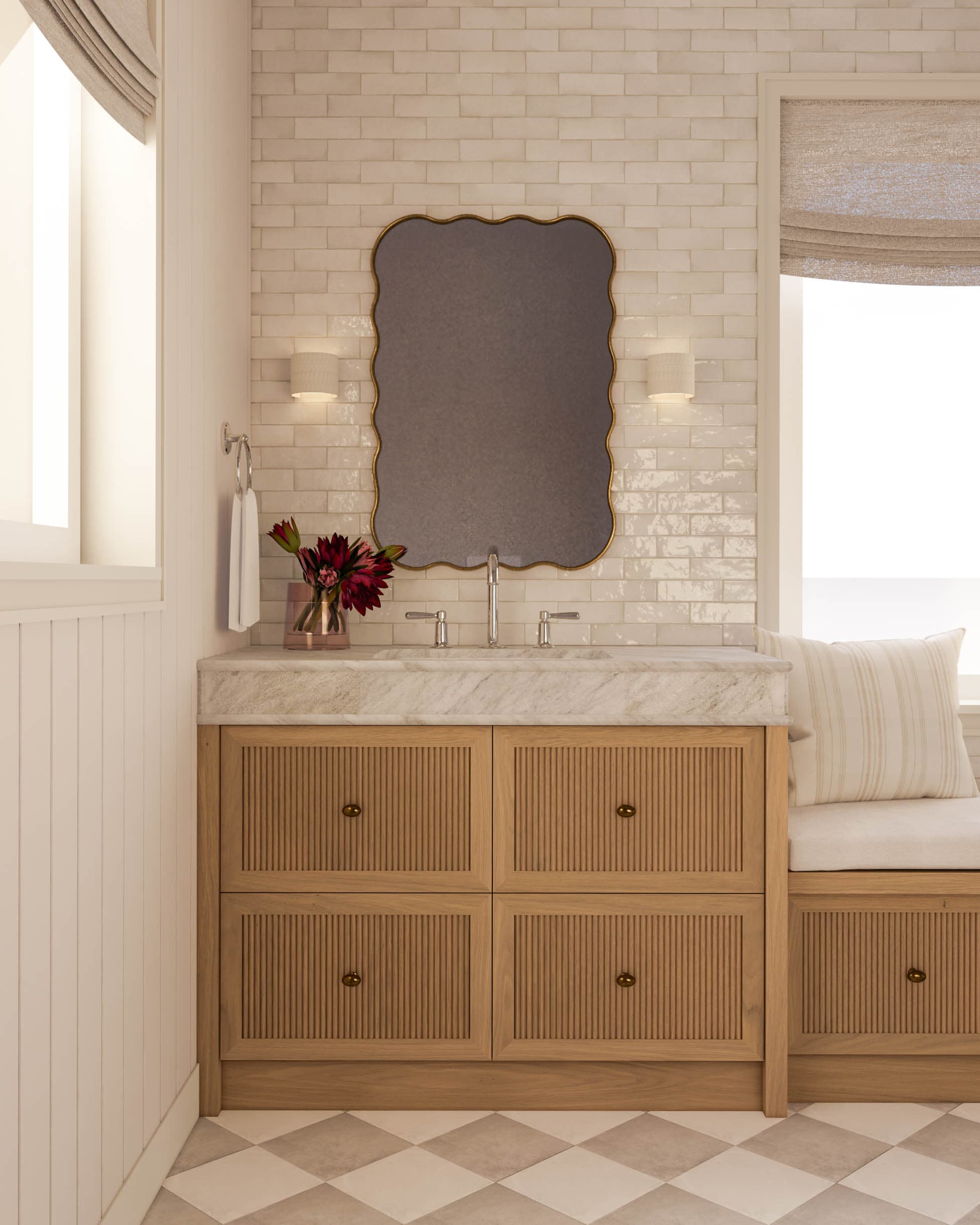 Kopalniška omarica iz hrastove masive s pultom v sivem marmorju