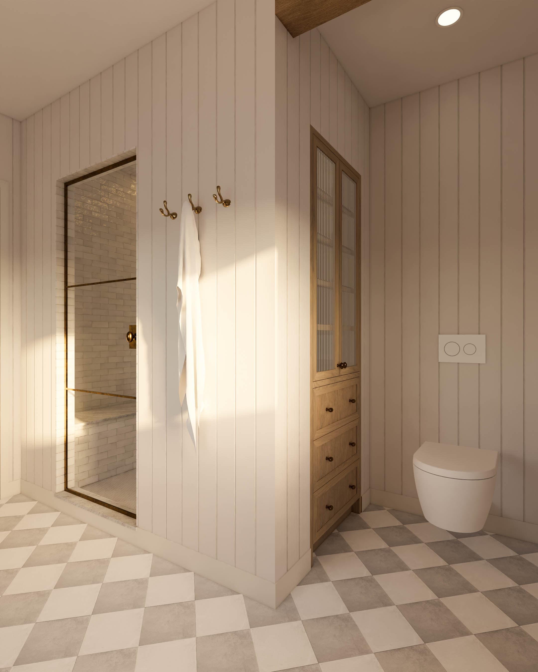 Otroška kopalnica v kombinaciji beljenega hrasta, marmorja in nežnih krem odtenkov