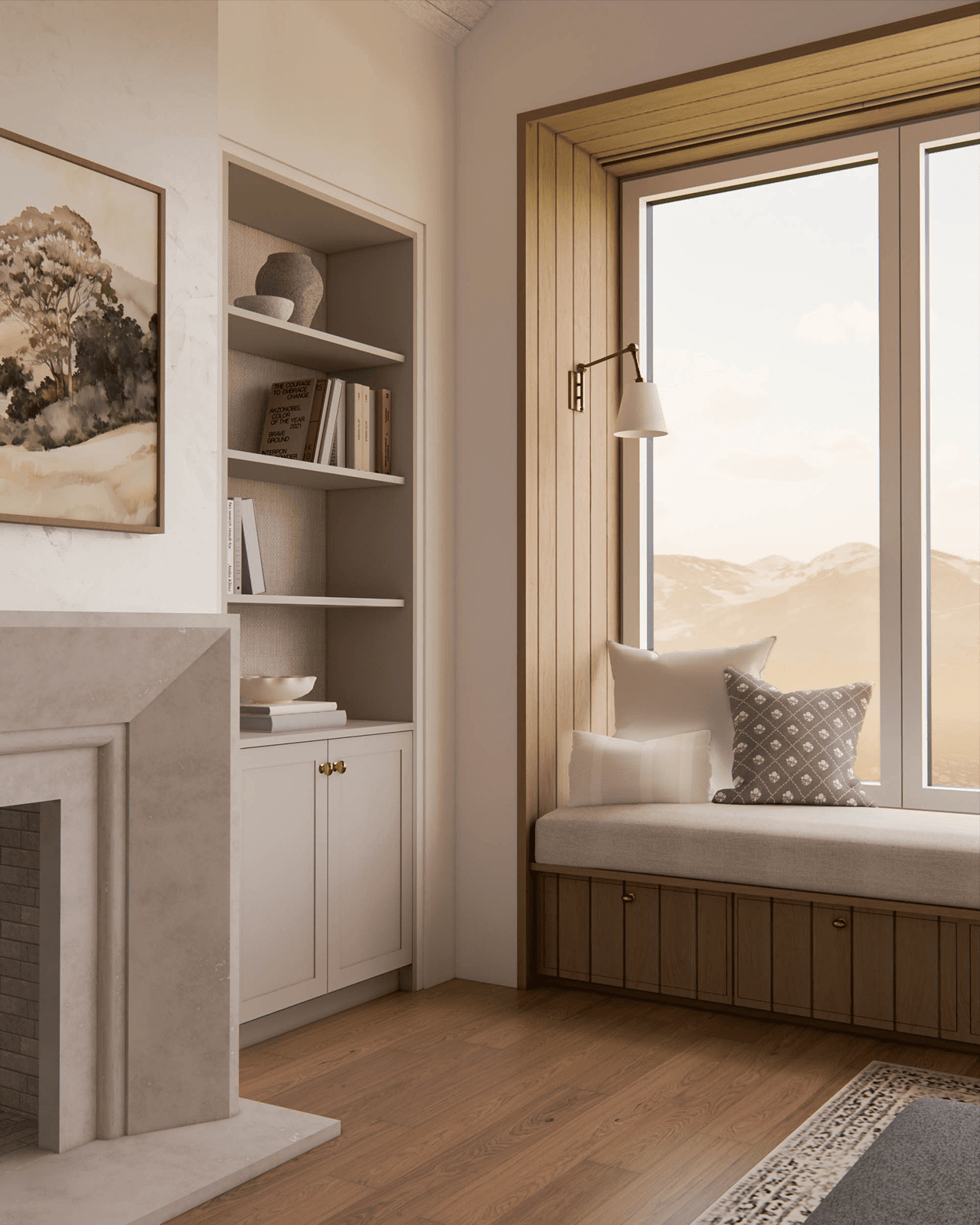 Niša oblečena v beljen hrast in vgradna omara ob kaminu