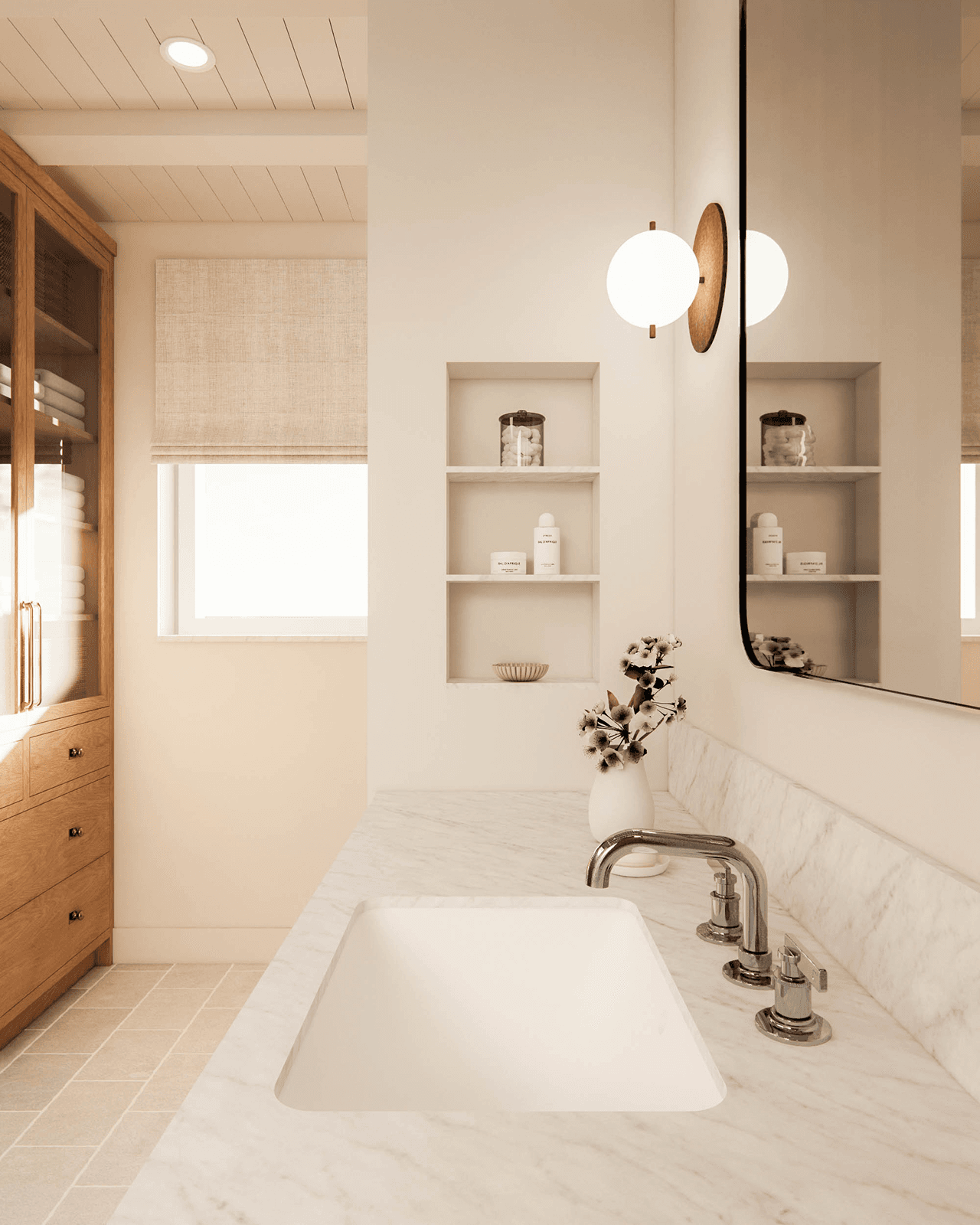 Sodobna kopalnica s stensko nišo za kozmetiko