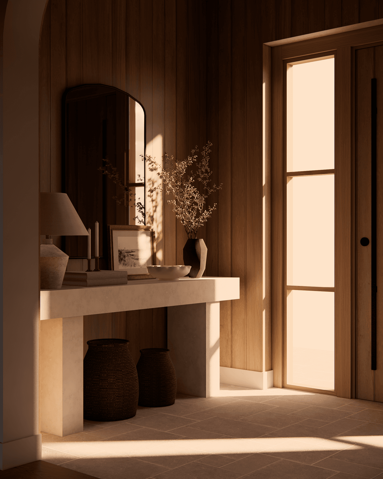 Vhod v hišo z lesenimi stenskimi oblogami