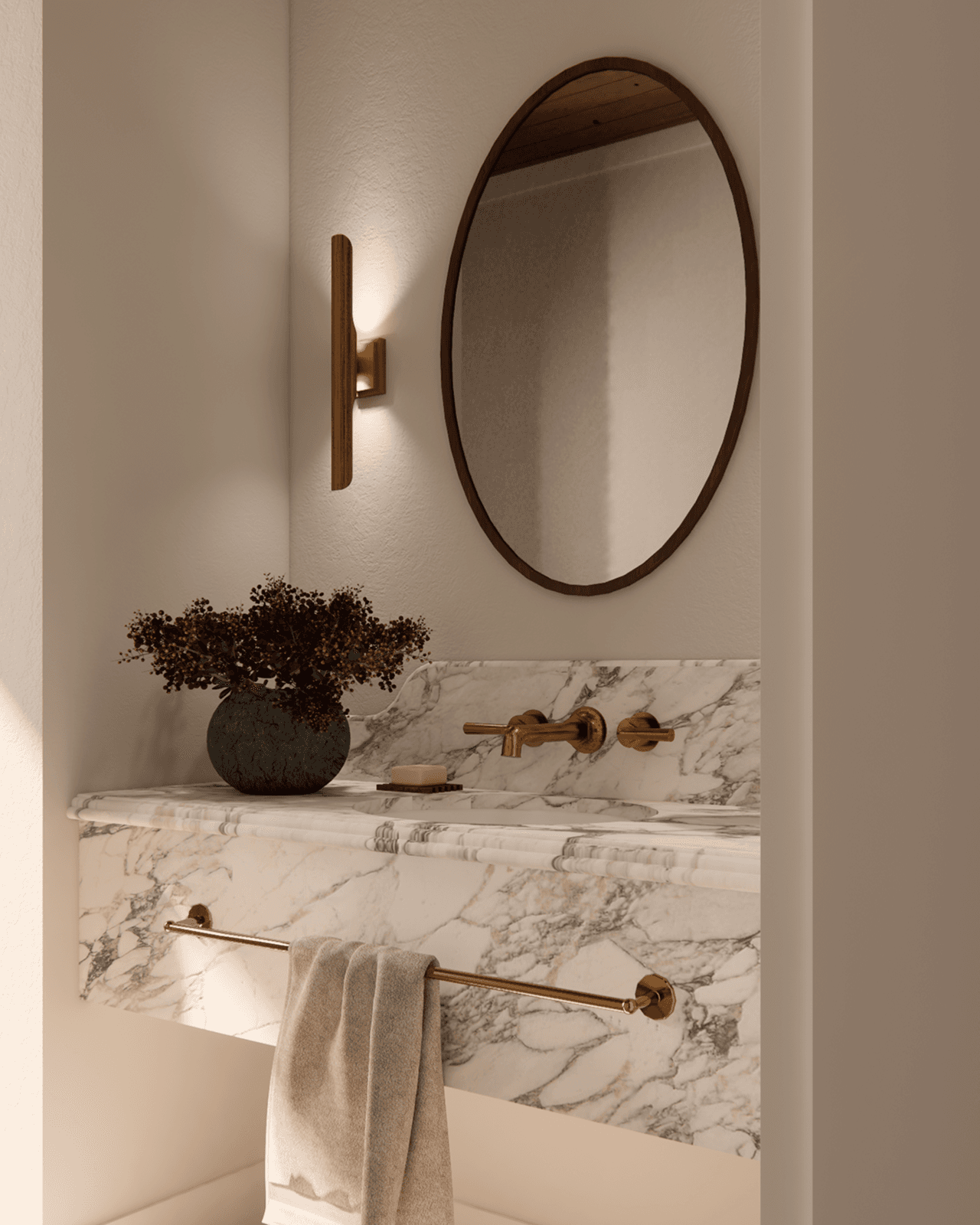 Dnevna kopalnica v kombinaciji medenine in marmorja