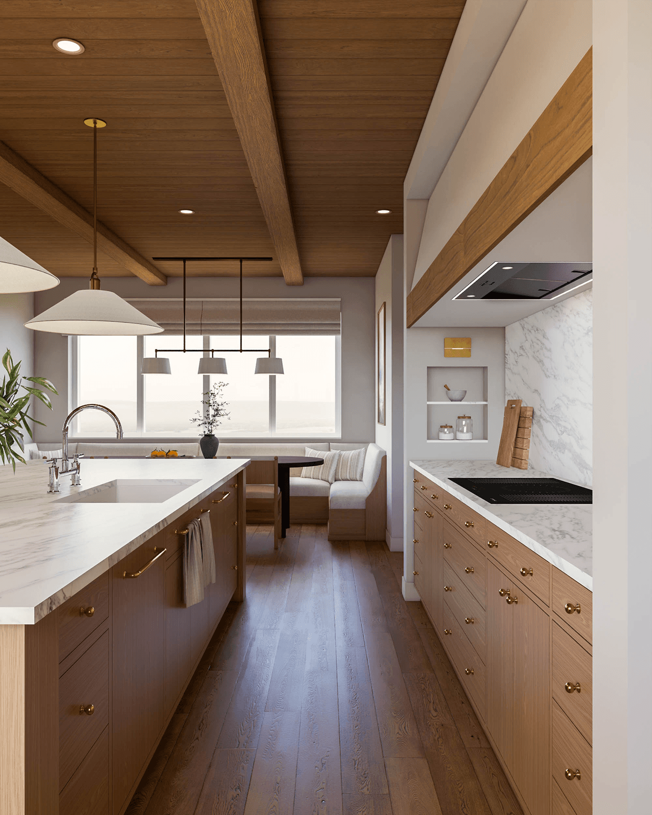 Sodobna kuhinja z lesenim stropom in velikim otokom