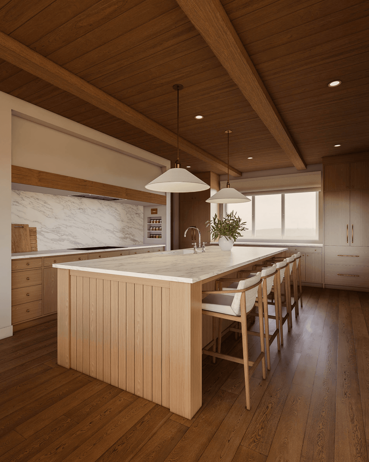 Sodobna kuhinja v kombinaciji hrasta in marmorja