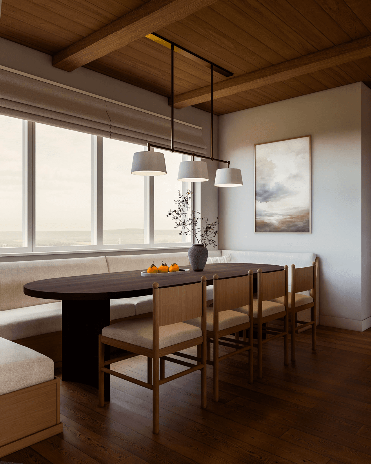 Sodobna jedilnica z oblazinjeno klopjo in hrastovo jedilno mizo