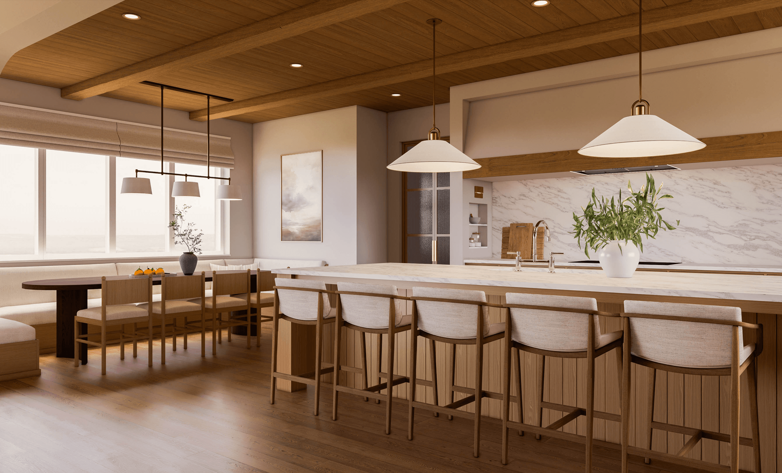 Sodobna lesena kuhinja z jedilnico