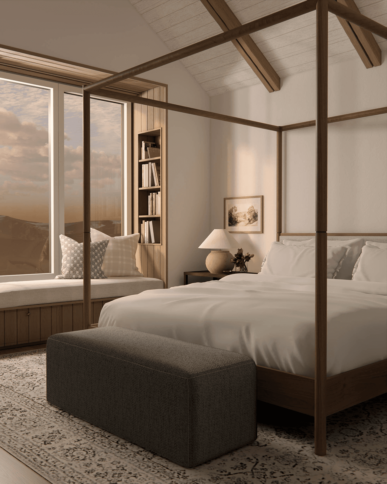 Spalnica z odprtim stropom in lesenimi tramovi