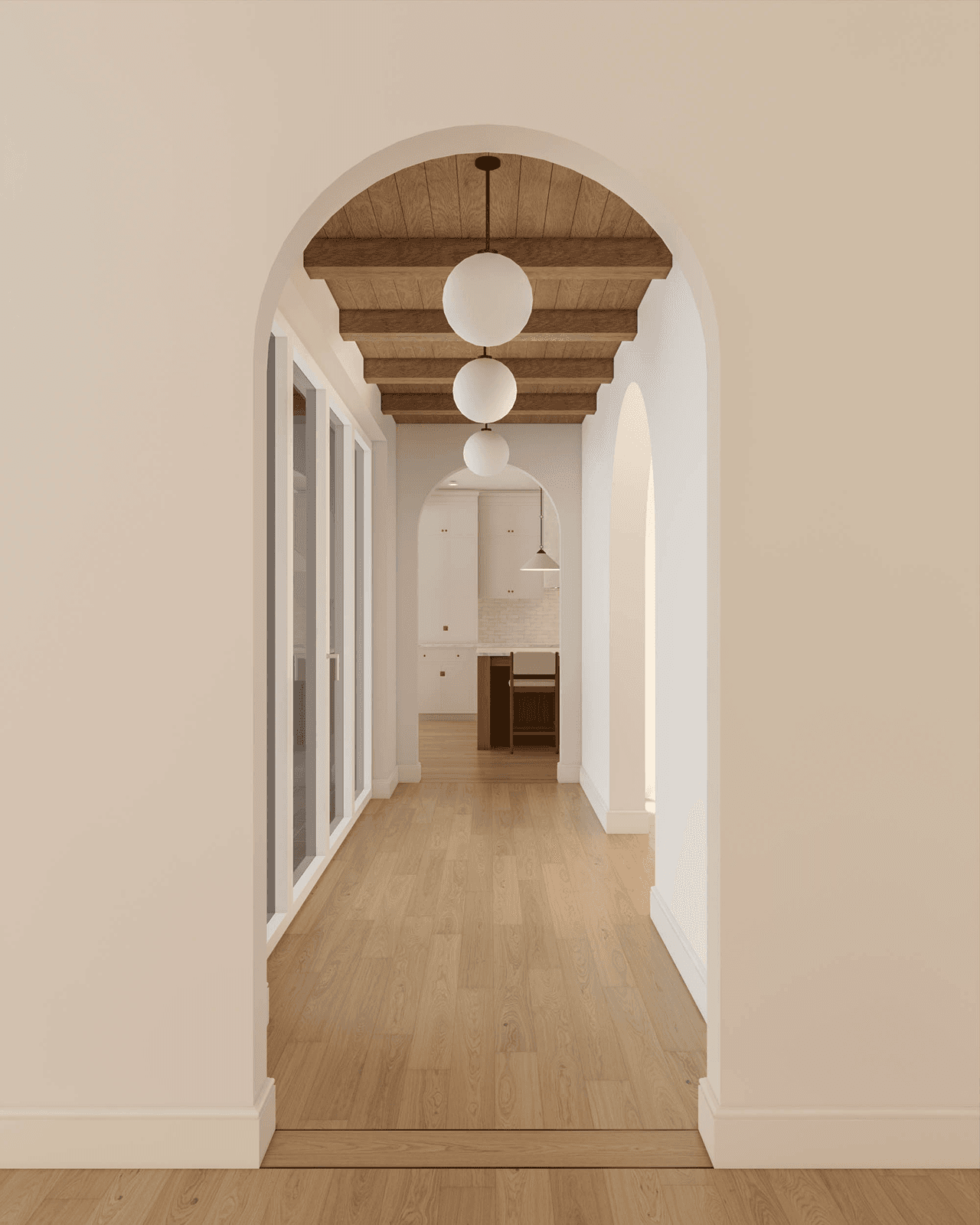 Pogled proti hodniku z visečimi svetili