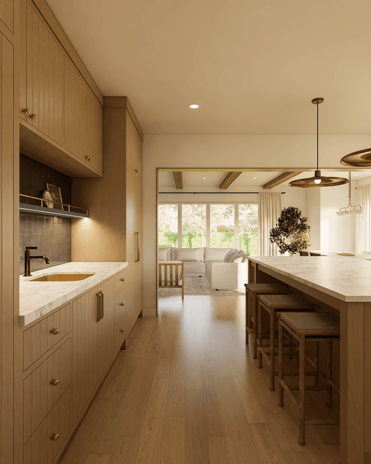 Sodobna kuhinja iz hrastovega lesa z otokom in barom