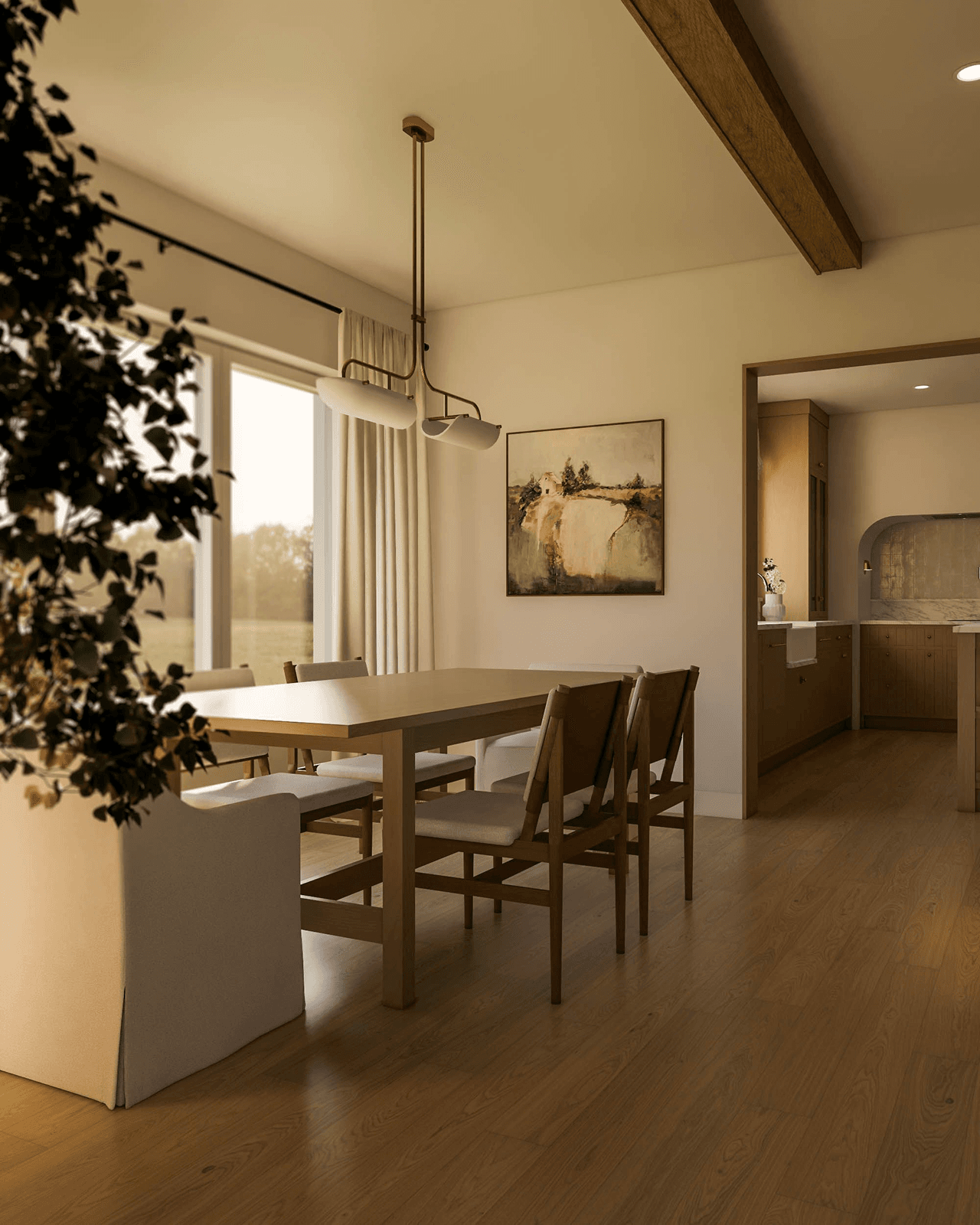 Sodobna jedilnica z masivno hrastovo mizo