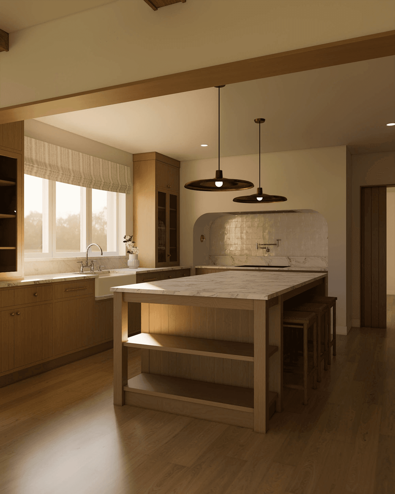 Kuhinja v kombinaciji lesa in marmorja