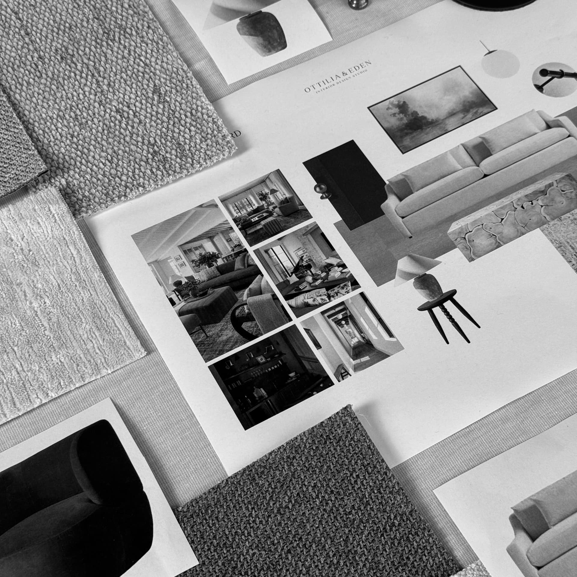 Flat lay of fabric, cabinet hardware, and paint samples for an interior design project